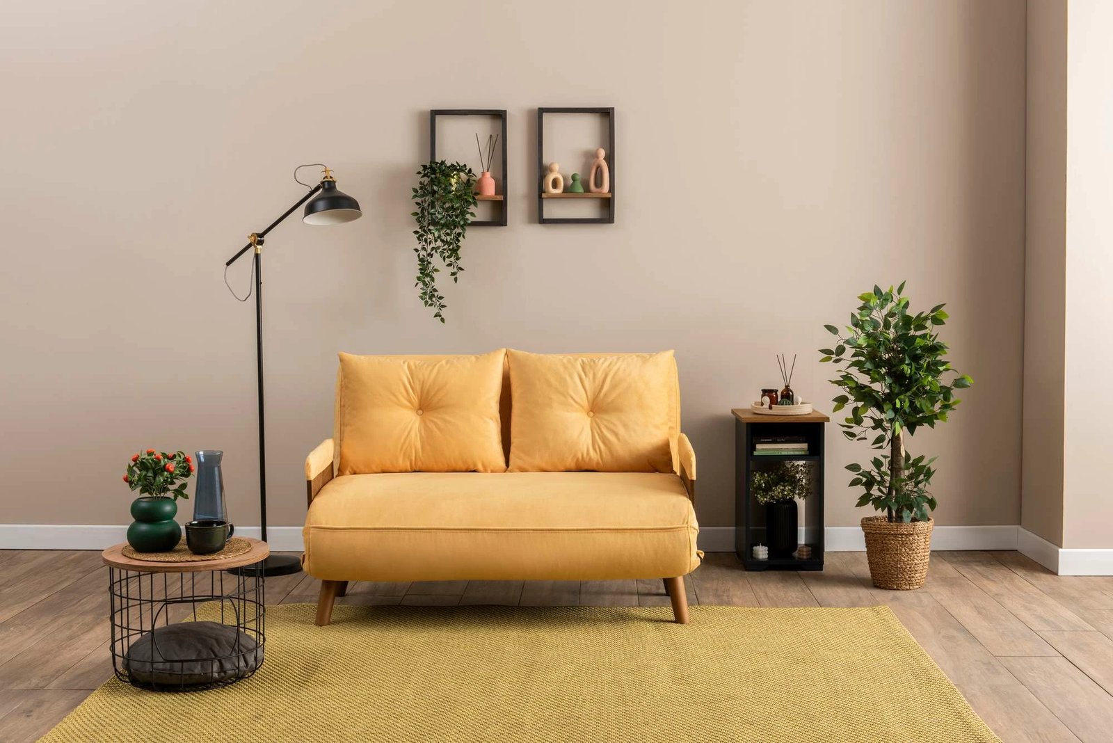 Divan i shndërrueshëm në krevat, 2 vende, Cosmo, ngjyrë mustard