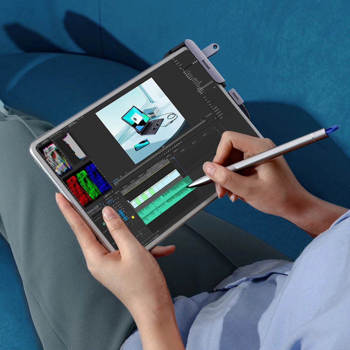 HUB Baseus PadJoy 6-në-1, USB-C, për tabletë/celular, Gri e errët