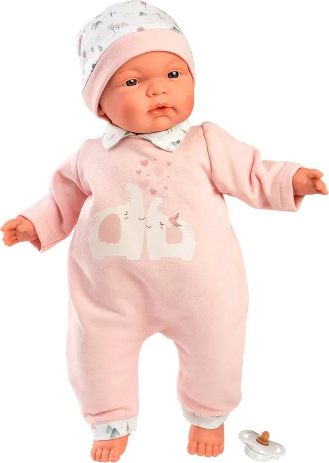Kukull bebe, Llorens, Joelle 13848, 38 cm, bark pambuku i butë, krahë/këmbë/kokë vinyl, me cicë qetësuese dhe veshje 2-pjesëshe, rozë