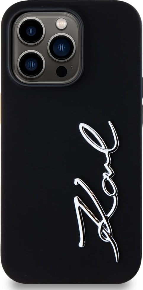 Mbështjellës Karl Lagerfeld Silicone Metal Script Logo për iPhone 14 Pro, i zi