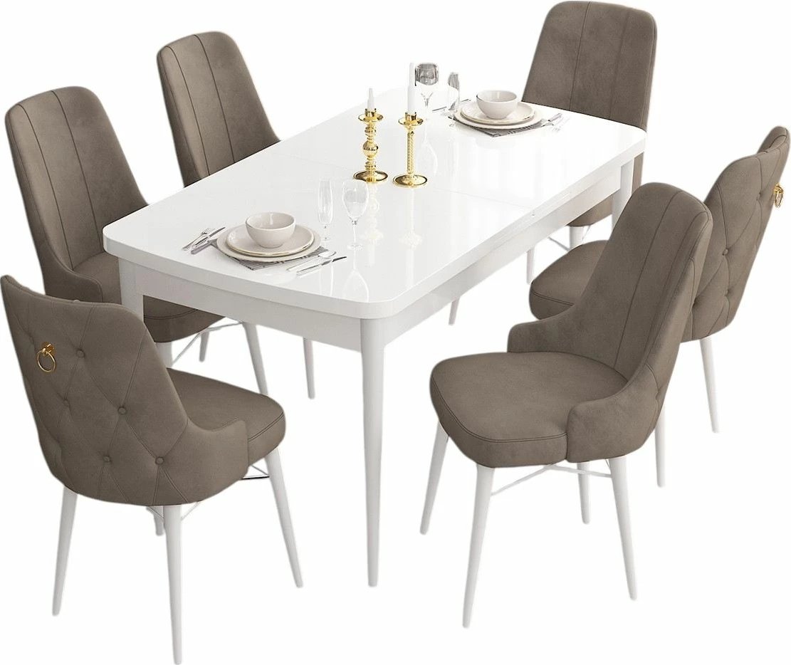 Tavolinë me karrige, zgjatshme, 7 copë, Skye Decor, e bardhë, kapuçino