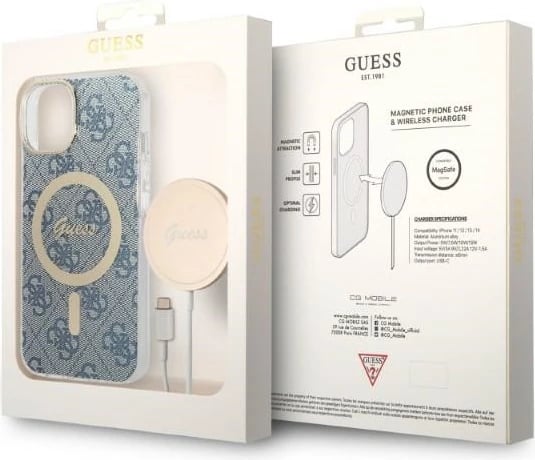 Set mbështjellës Guess GUBPP14SH4EACSB me karikues wireless për iPhone 14, 6.1", 4G Print, MagSafe, blu