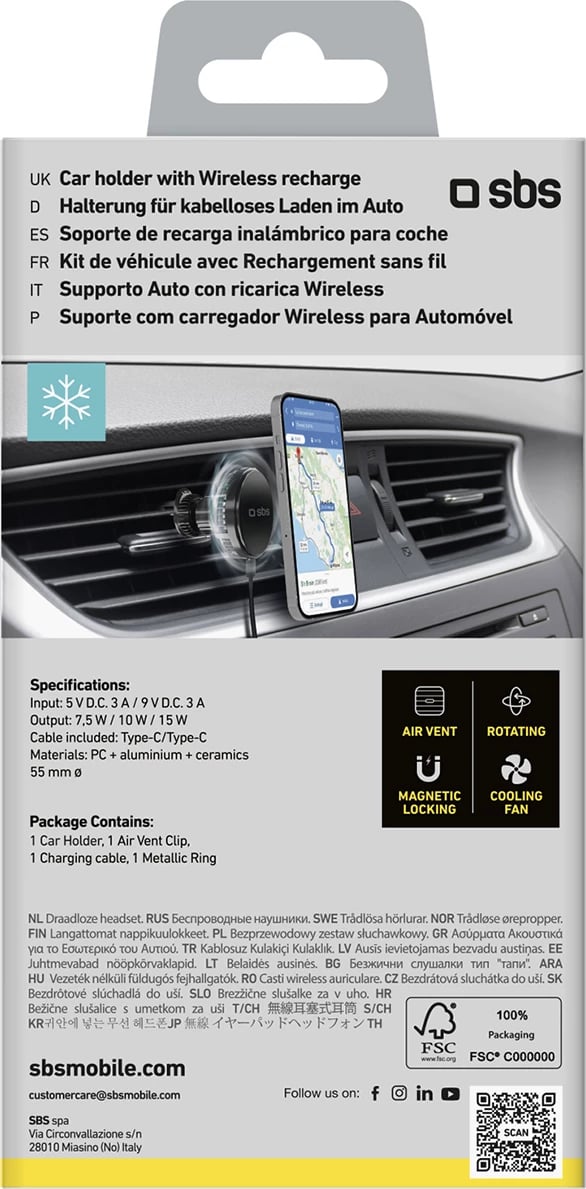 Mbajtës magnetik me karikues wireless SBS TESUPFANWIR15W, për grilë të ajrit, 15W, me ftohje, i zi