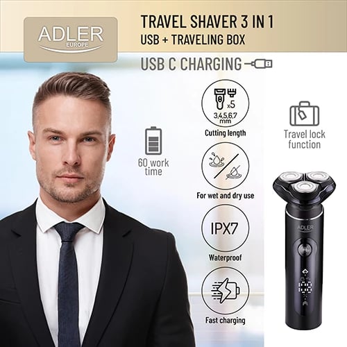 Makinë rroje, Adler, AD 2940 3 në 1, IPX7 Wet & Dry, LCD, USB-C, 60 min, me kuti udhëtimi