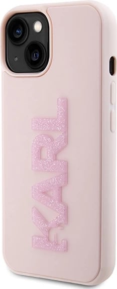 Mbështjellës Karl Lagerfeld 3D Rubber Glitter Logo për iPhone 15 Plus, rozë