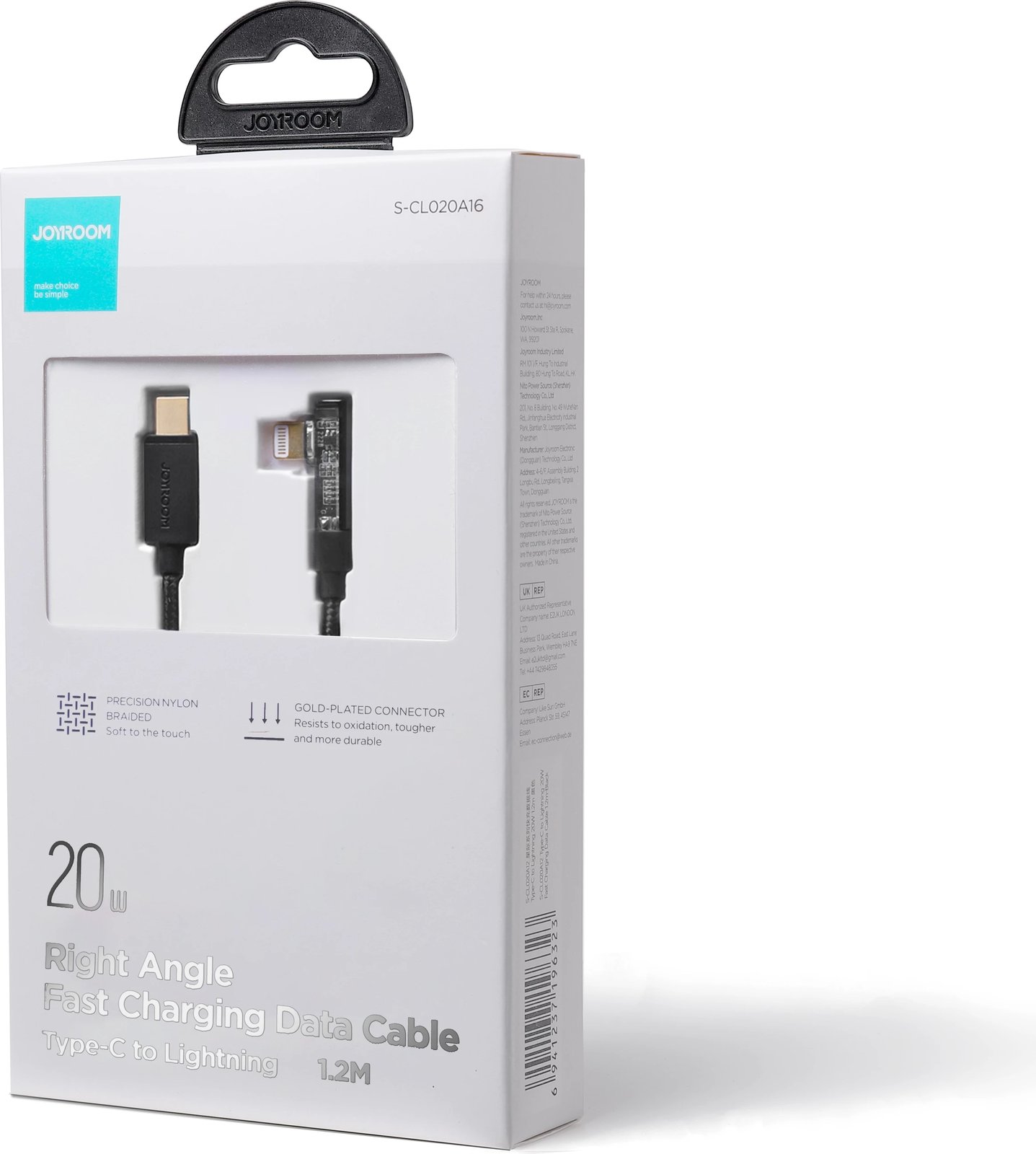 Kabllo Joyroom S-CL020A6 Lightning (me kënd) / USB-C (drejt), 1.2m, 20W, e zezë