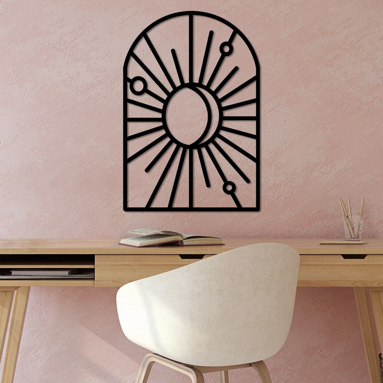 Aksesor dekorativ metalik për mur, dizajn dritare dhe hënë, ngjyrë e zezë, madhësia L