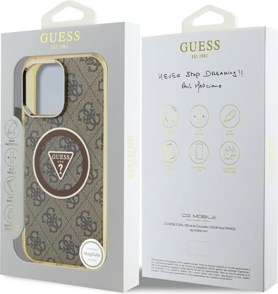 Mbështjellës Guess IML Metal Glitter 4G Circle Triangle MagSafe për iPhone 16 Pro, Kafe