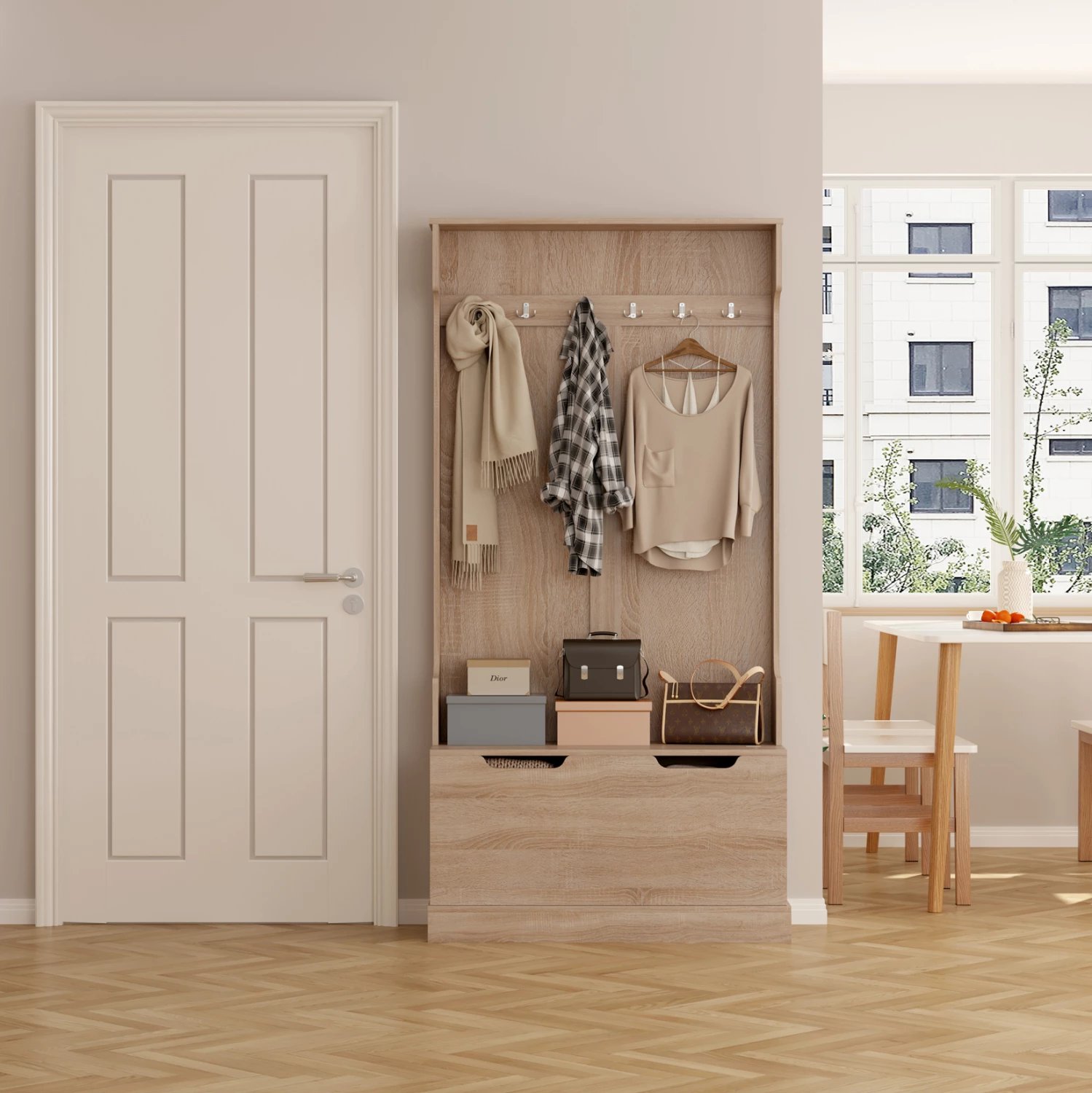 Mobilje hyrëse KAYLOR FH2475.01 me varëse dhe hapësirë ruajtjeje, MDF, Sonama, 93x34x180 cm