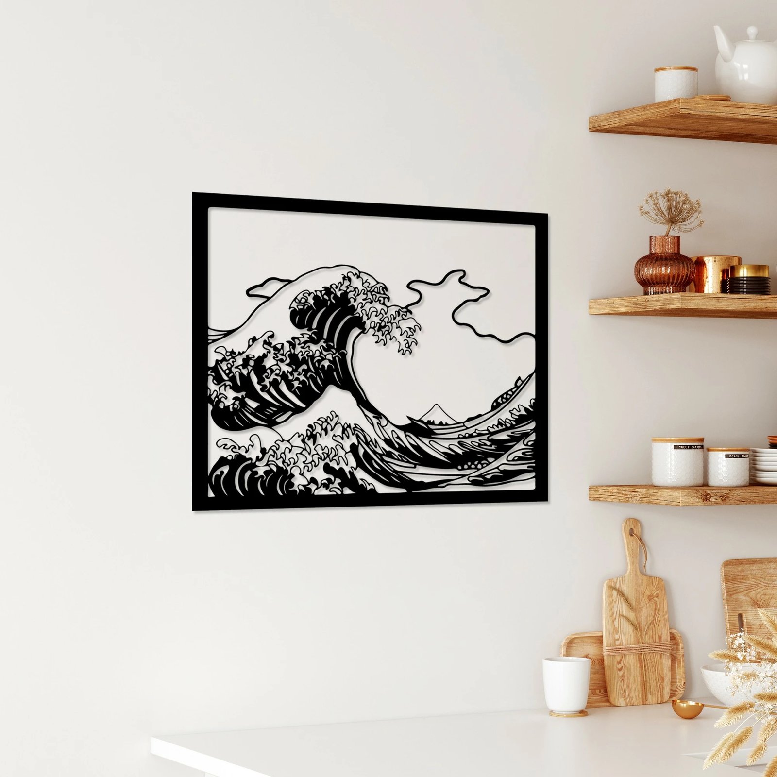 Aksesor dekorativ metalik për mur, Wallity Hokusai, ngjyrë e zezë, 56x45cm