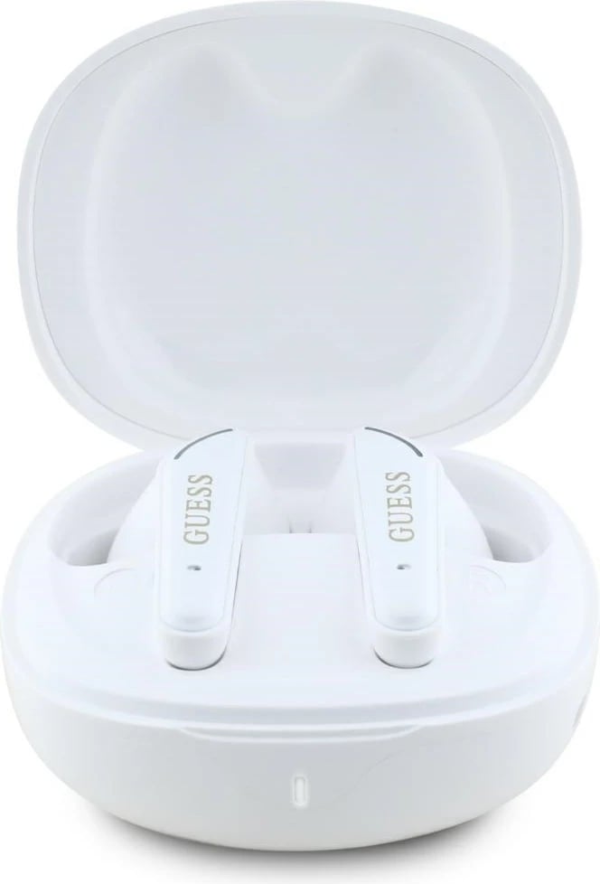 Kufje Guess Flat Classic Logo TWS, Bluetooth 5.4, me stacion karikimi, të bardha Kufje Guess Flat Classic Logo TWS, Bluetooth 5.4, me stacion karikimi, të bardha