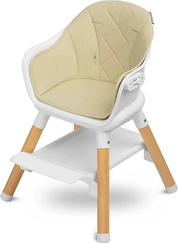 Karrige e lartë për fëmijë, CARETERO Bravo, multifunksionale me tabaka dhe mbështetëse këmbësh, këmbë druri, rrip 5-pikësh, bezhë