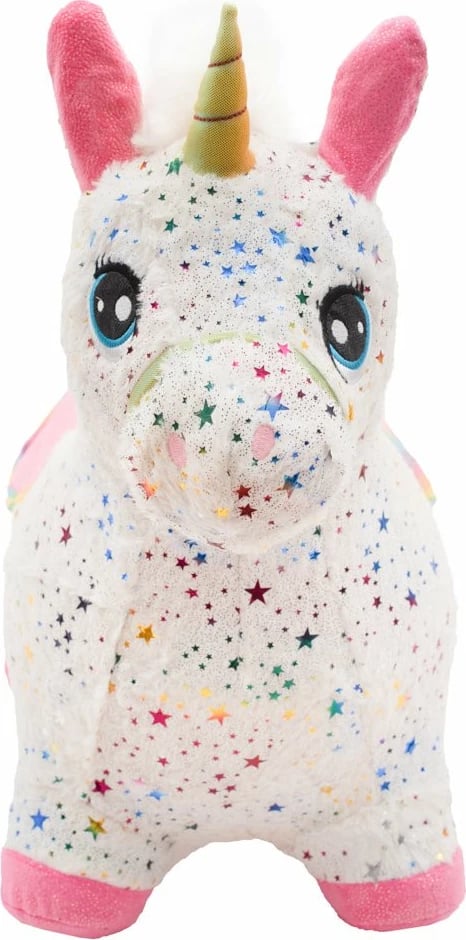 Lodër kërcyese e fryrë njëbrirësh, PLAYTO, plushe me tingull, kapacitet 80 kg, e bardhë