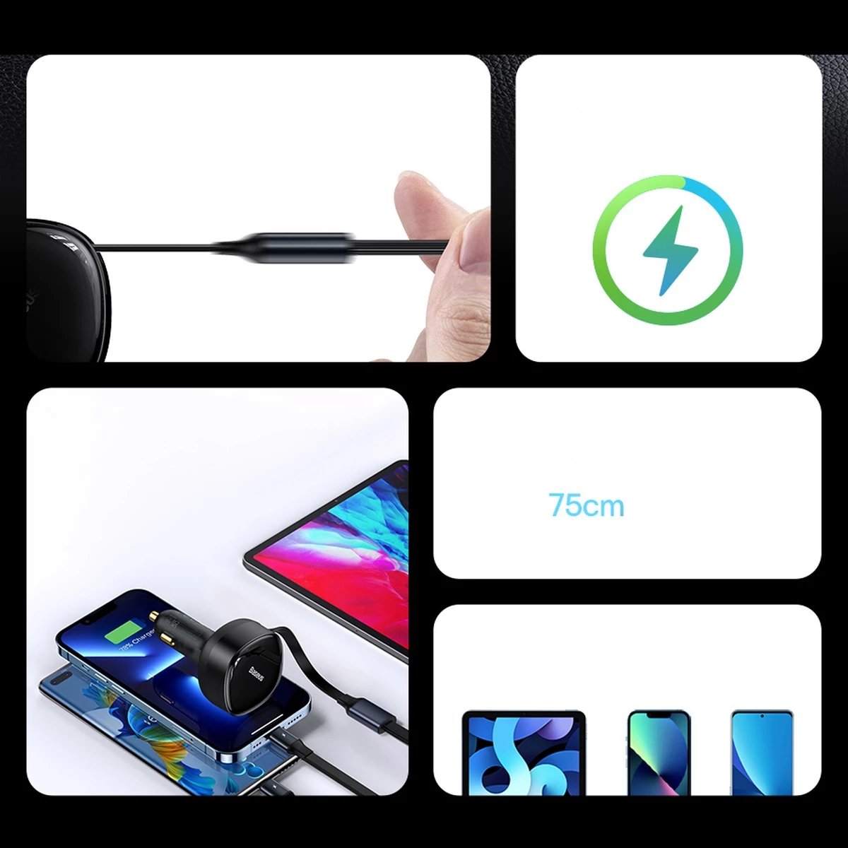Karikues veture Baseus Enjoyment 2in1, 30W, me kabllo USB-C dhe Lightning, i zi