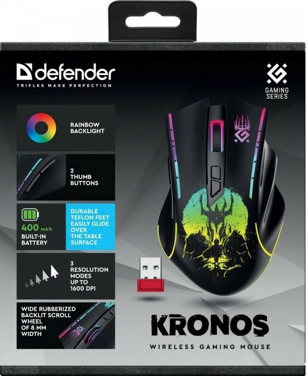 Maus gaming pa tela Defender Kronos GM-695 RF, 1000–1600 DPI, 6 butona, bateri 400 mAh, i zi