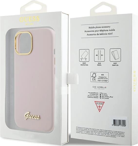 Mbështjellës Guess Silicone Script Metal Logo & Frame për iPhone 15, Rozë