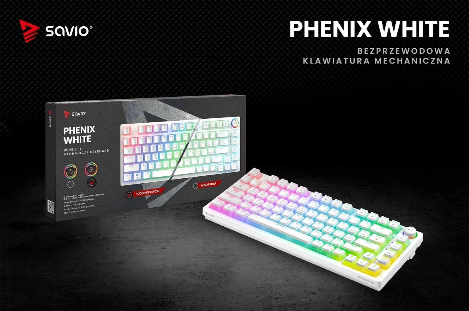 Tastierë mekanike wireless Savio PHENIX WHITE Gateron Red Pro, 82 tasta, RGB, e bardhë Tastierë mekanike wireless Savio PHENIX WHITE Gateron Red Pro, 82 tasta, RGB, e bardhë
