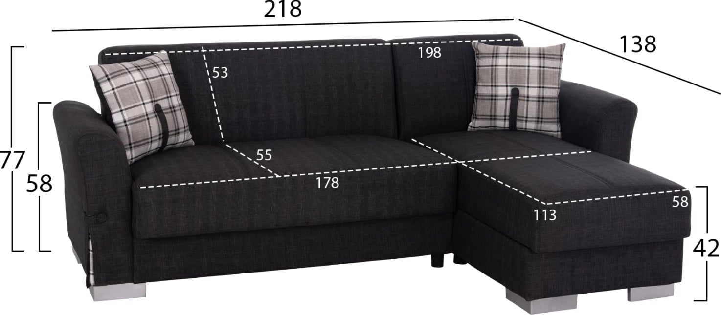 Kënd divan me shtrat dhe hapësirë për depo, ngjyrë antracit, BRONKO FH3291.01, 218x138x77cm