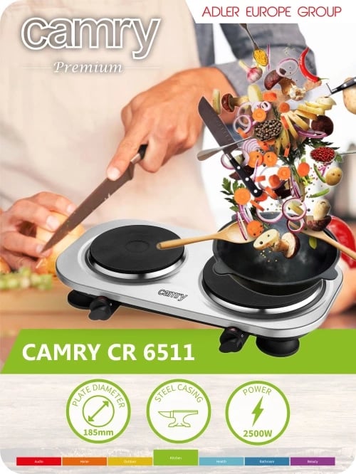 Shporet elektrik me dy pllaka, Adler, CR6511, 2500W, pllaka 185mm/155mm, rregullim 5‑shkallësh, Inox