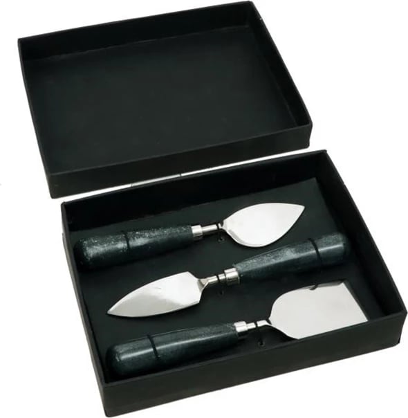 Set për shërbim djathi, 3 copë, çelik, dorezë mermeri e zezë, 18x5x2cm