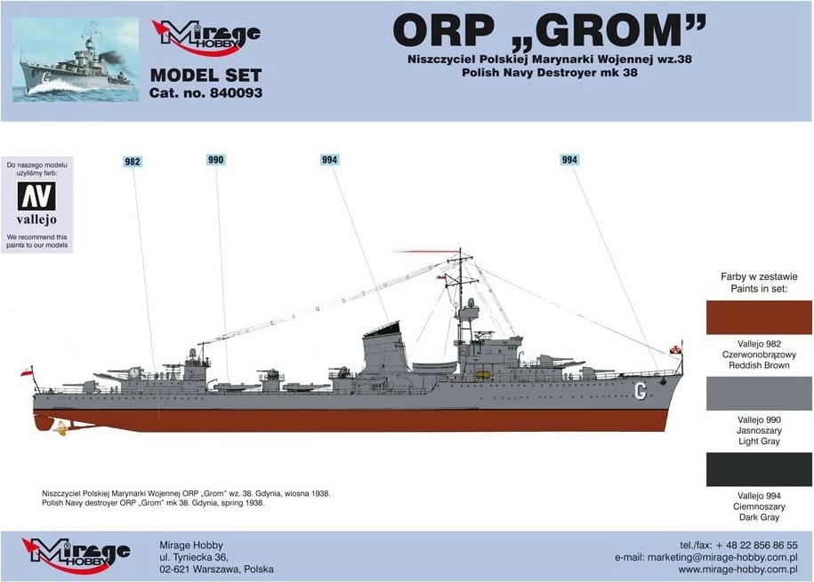 Set model anije Mirage ORP Grom wz.38, 1:400, me ngjyra dhe ngjitës