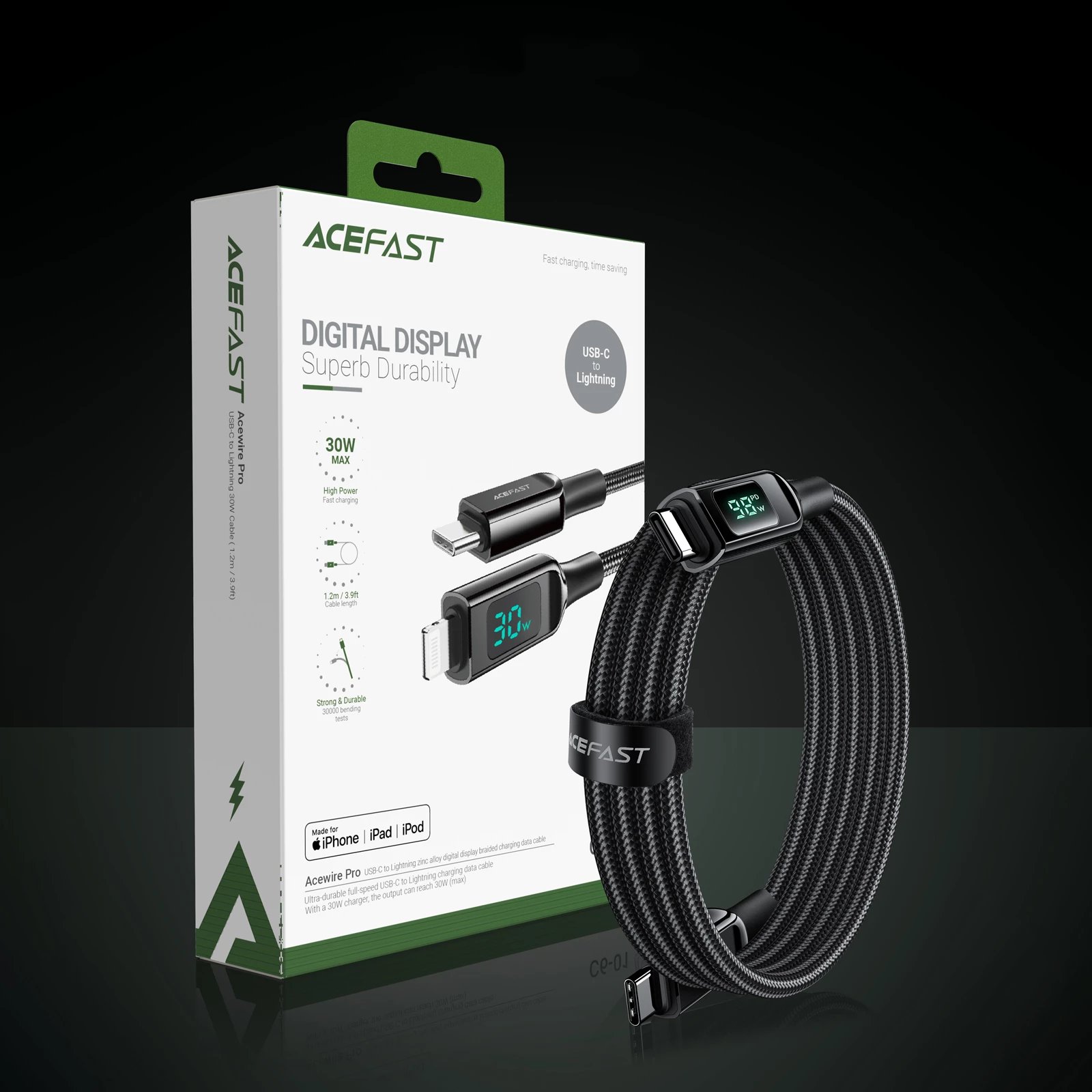 Kabllo Acefast C6-03 USB-C në USB-C, 2m, 100W, Ekran, e zezë