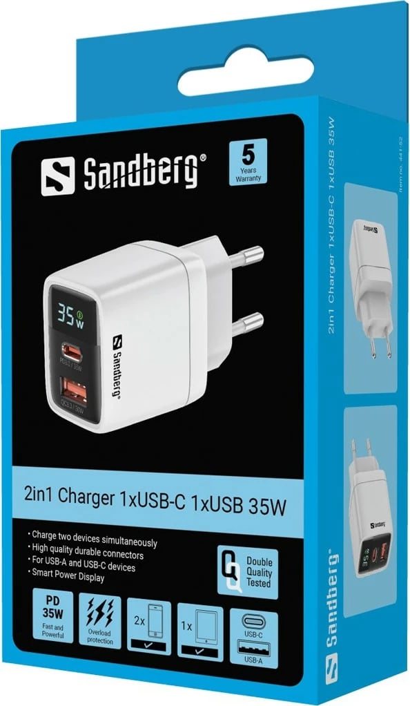Karikues Sandberg 2in1 1xUSB-C 1xUSB 35W, Bardhë