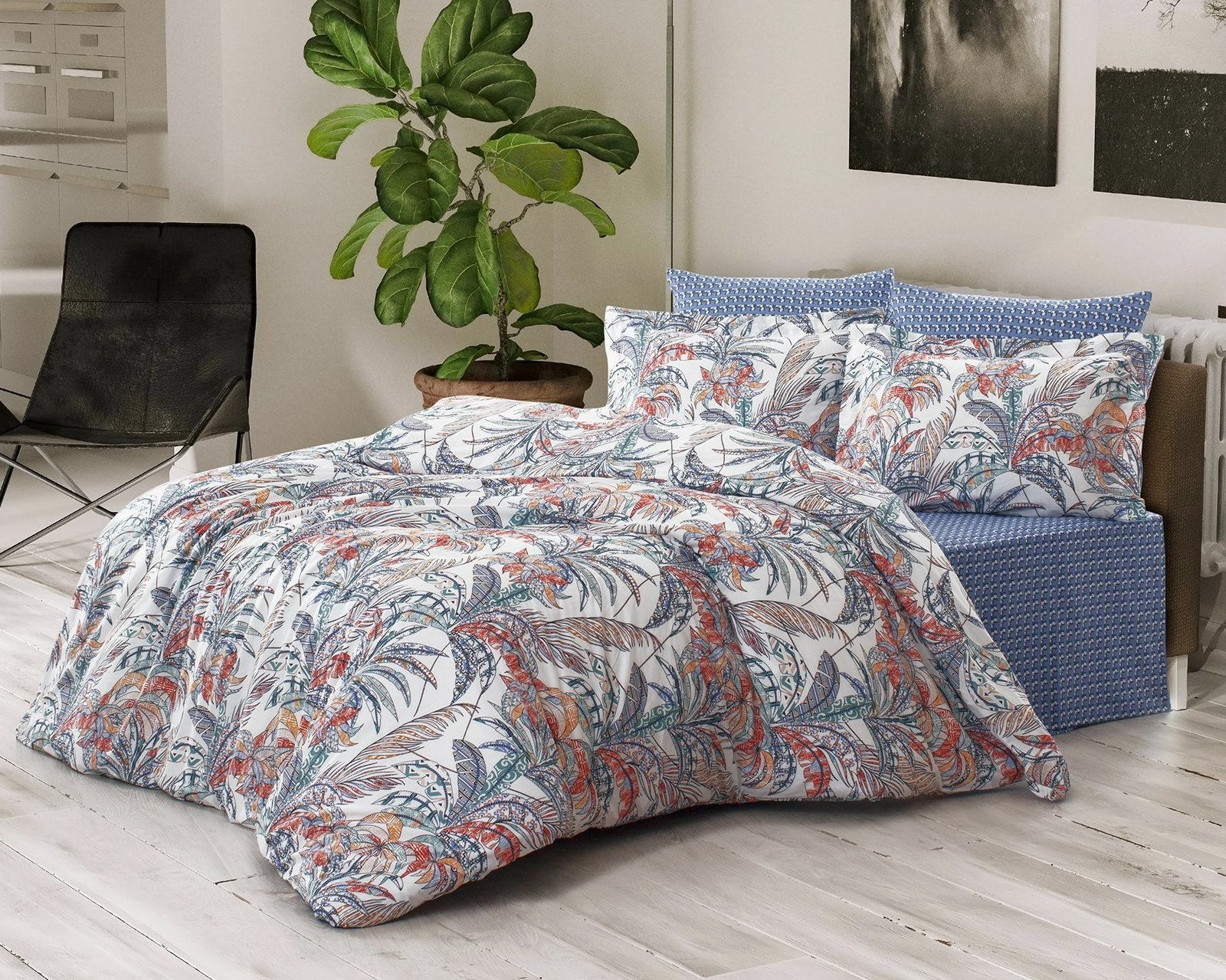 Set mbulesë për jorgan dopio, L'essentiel, palmë, ngjyrë e bardhë, e kuqe tullë, blu