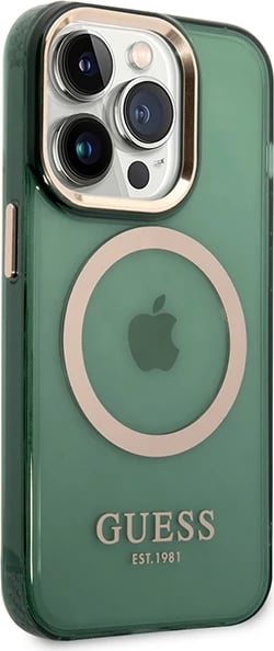 Mbështjellës Guess Gold Outline Translucent MagSafe për iPhone 14 Pro Max 6.7", i gjelbër