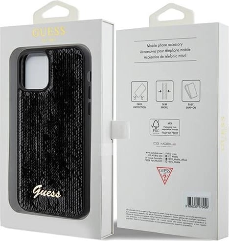 Mbështjellës Guess Sequin Script Metal për iPhone 12/12 Pro, i zi