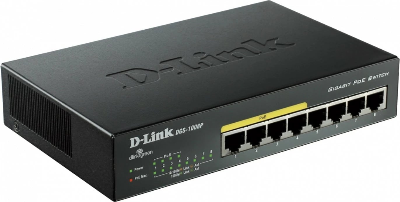 Switch D-Link DGS-1008P/E, 8 porta Gigabit, kasë metalike, PoE