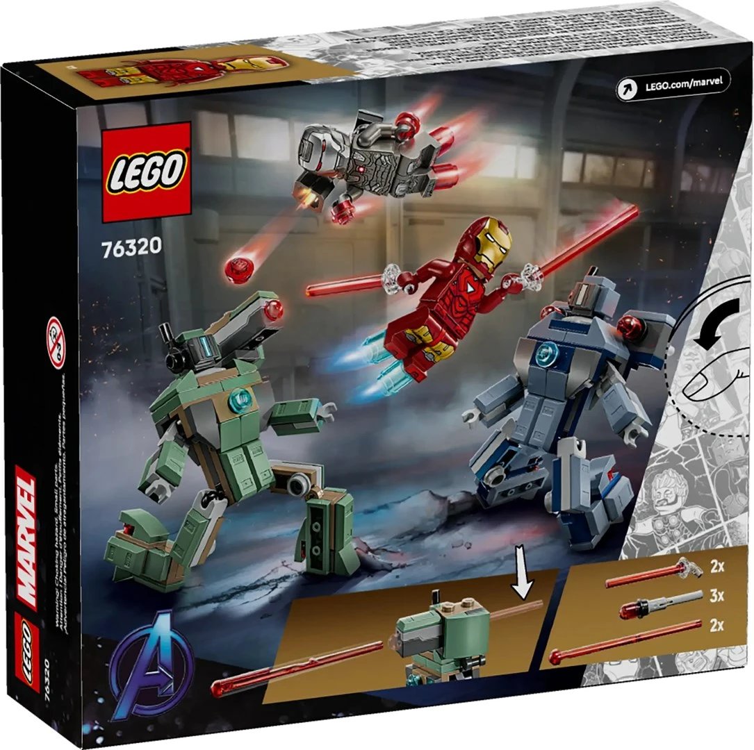Set LEGO Marvel 76320 Iron Man & War Machine kundër Hammer Drones, 204 pjesë