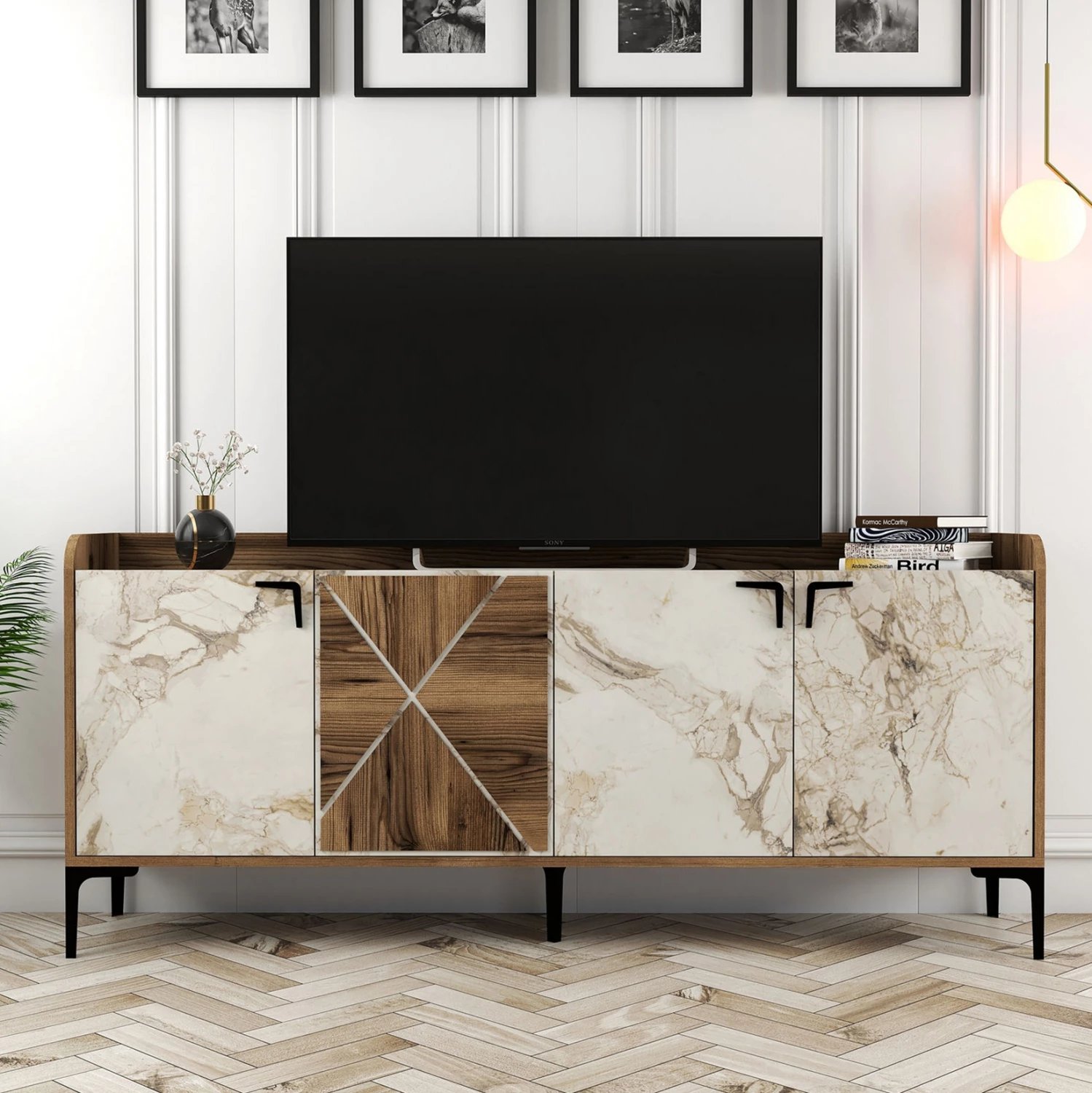 Bufe melamine, pamje arre dhe mermer të bardhë, 180x35x78H cm, FH9433.02