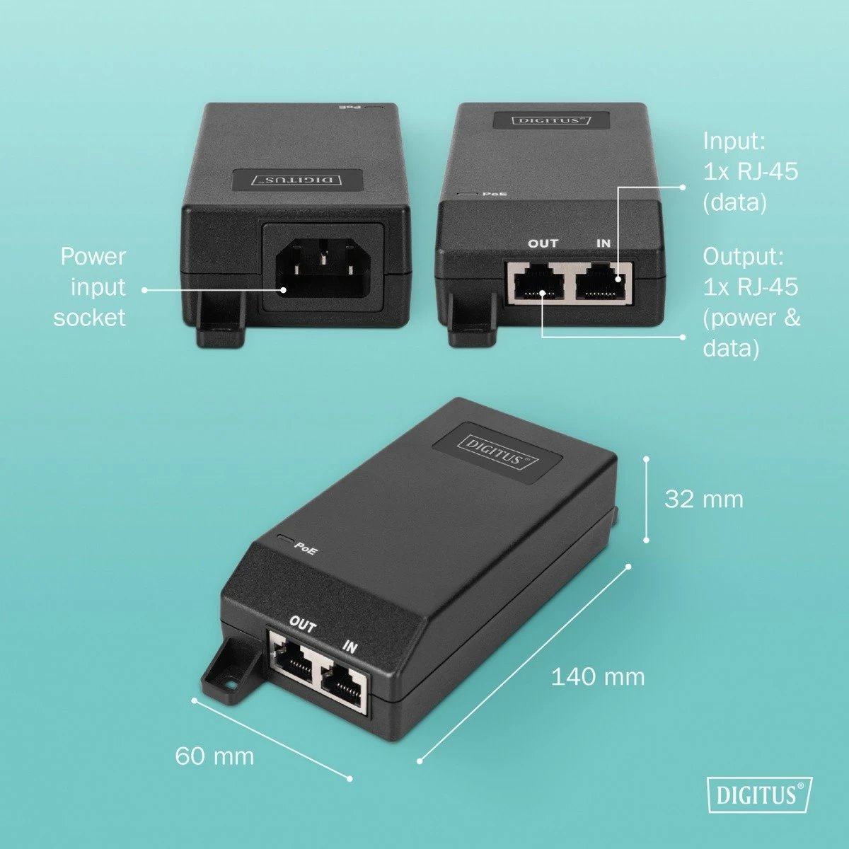 Adapter PoE+, Digitus, DN-95103-3, IEEE 802.3af/at, 55V 30W, 10/100/1000 Mbps, deri 100 m, e zezë