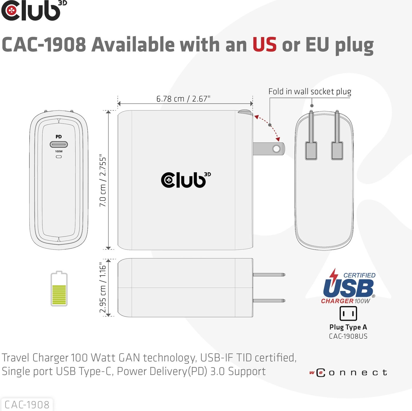 Karikues Club3D USB Type-C PD 100W, GaN, i zi