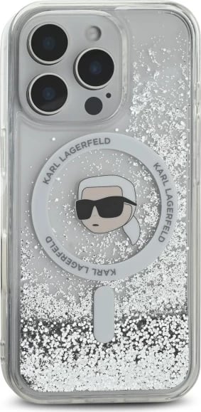 Mbështjellës Karl Lagerfeld Liquid Glitter Karl Head MagSafe për iPhone 16 Pro, Transparent
