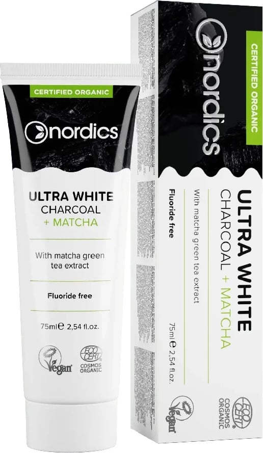 Pasta dhëmbësh Nordics Ultra White Organic pa fluor me qymyr dhe matcha 75ml