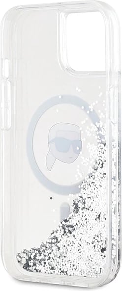 Mbështjellës Karl Lagerfeld Liquid Glitter Karl Head MagSafe për iPhone 15/14/13, Transparent