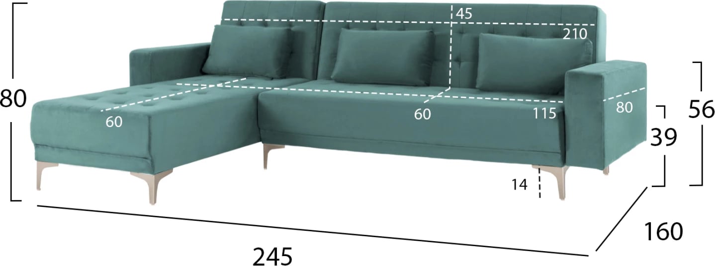 Divan qoshe-shtrat ELIZA, FH3145.04, jeshil deti, 245x80-160x80H cm