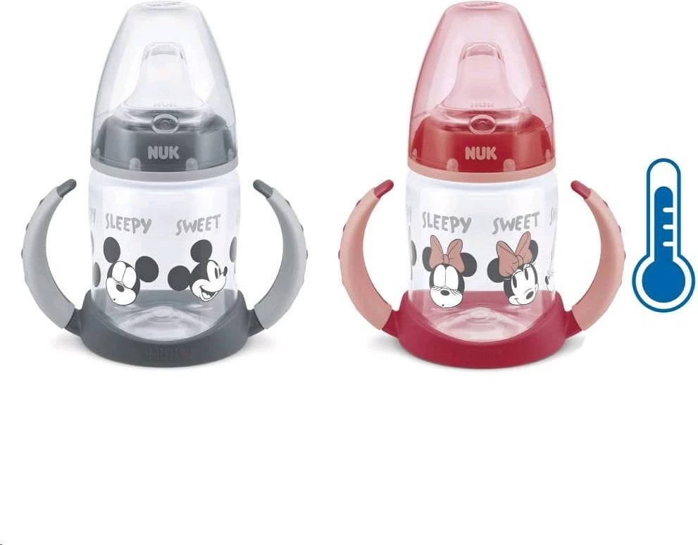 shishe mësimi bebe NUK Disney Mickey First Choice 150 ml, kontroll temperature, silikon, 6–18 muaj, e kuqe