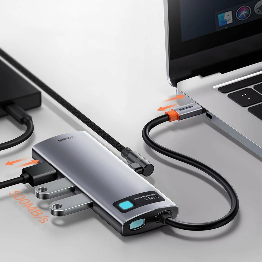 HUB Baseus Metal Gleam Series 5-in-1, CAHUB-CX0G, 100W PD, HDMI 4K, 3x USB 3.2, Gri