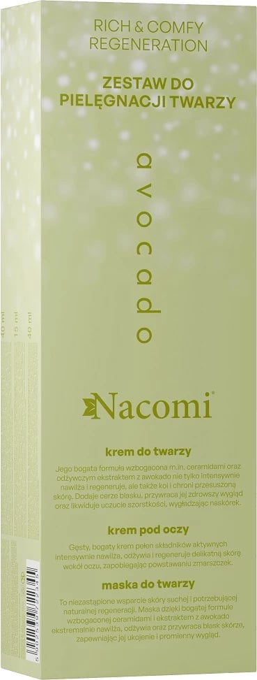 Set për kujdesin e fytyrës Nacomi Rich & Comfy Regeneration Avocado për femra, 40ml krem fytyre + 15ml krem sysh + 40ml maskë fytyre