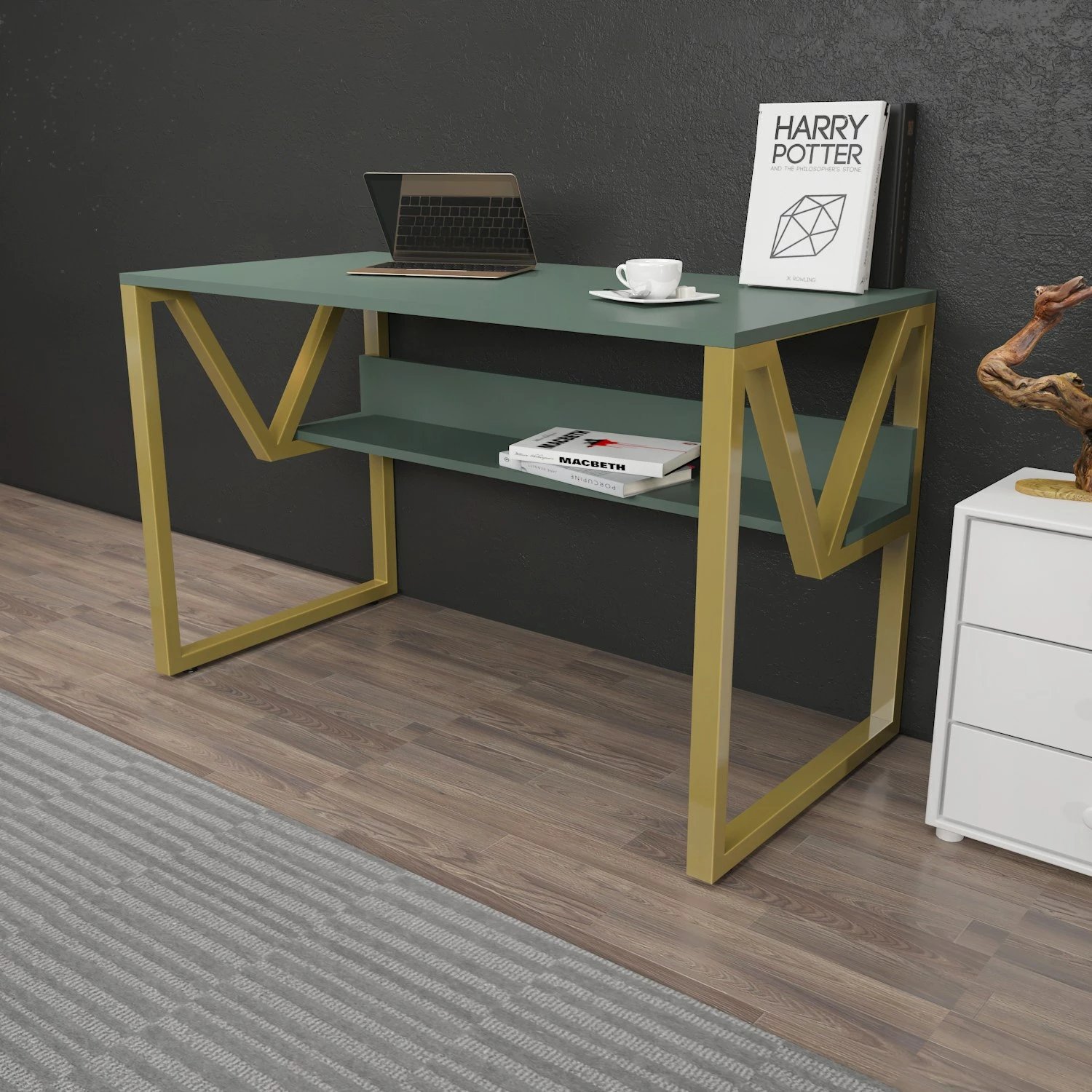 Tavolinë pune për studim, ngjyrë e gjelbër dhe ari, Skye Decor, Lona
