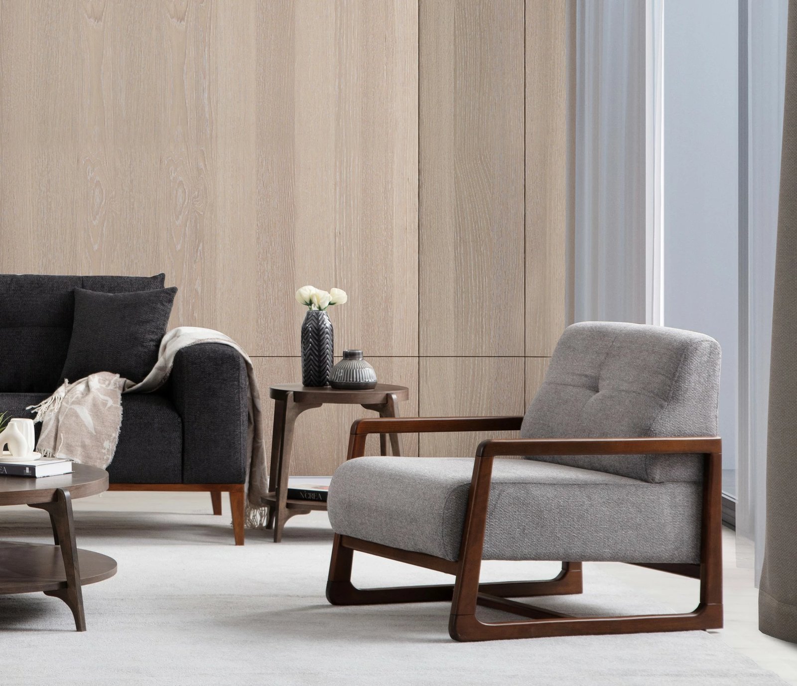 Karrige bergere Athena, ngjyrë gri e çelët, këmbë dru arre