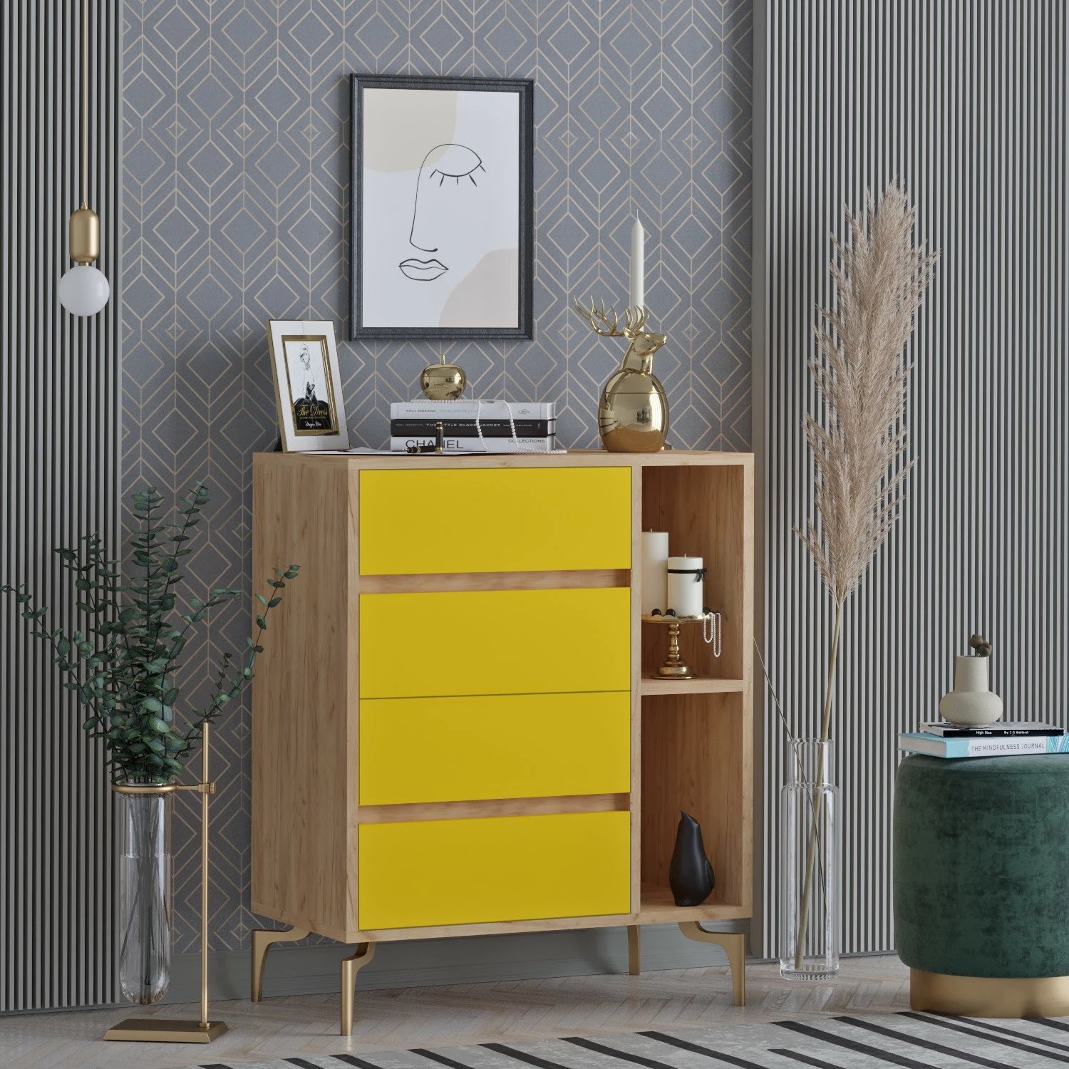 Komodë moderne Skye Decor, ngjyrë lisi dhe e verdhë, YUMİ