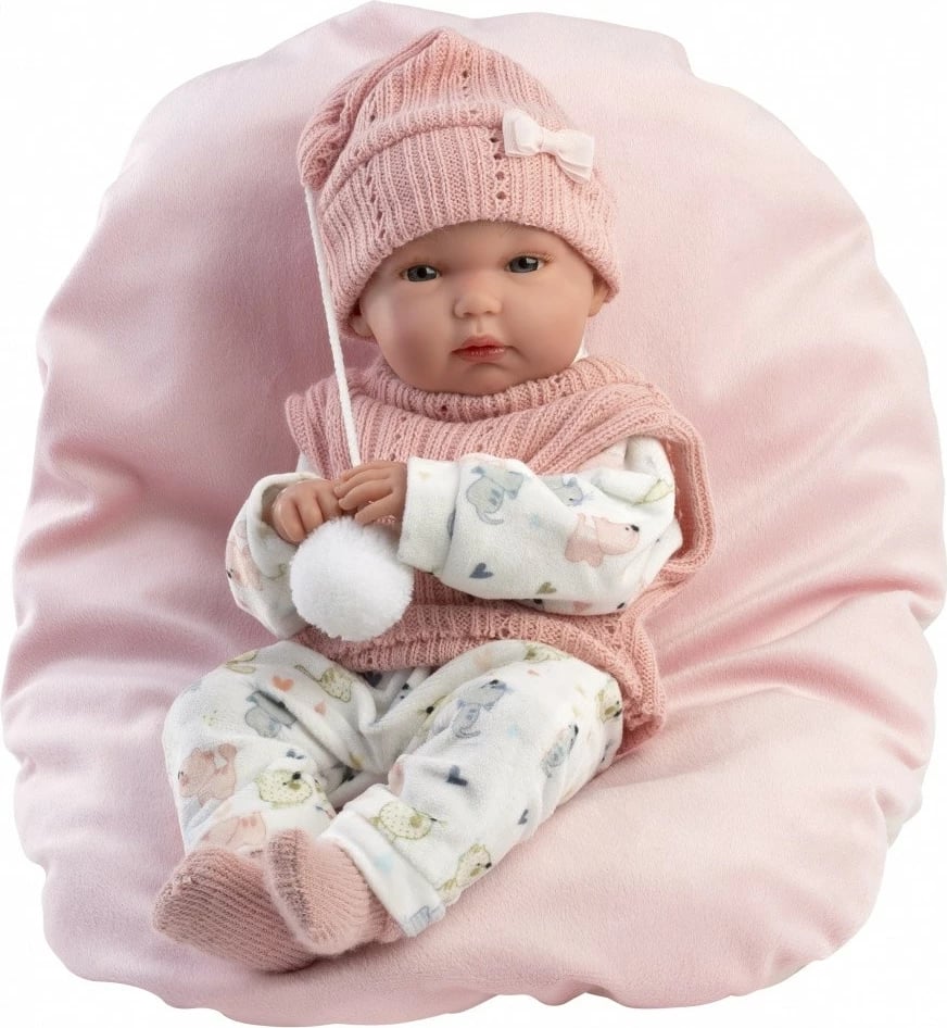 kukull vinili, Llorens, 63504 Bimba, 35 cm, gjymtyrë dhe kokë lëvizëse, set me veshje 4 pjesë + jastëk + cicë, rozë