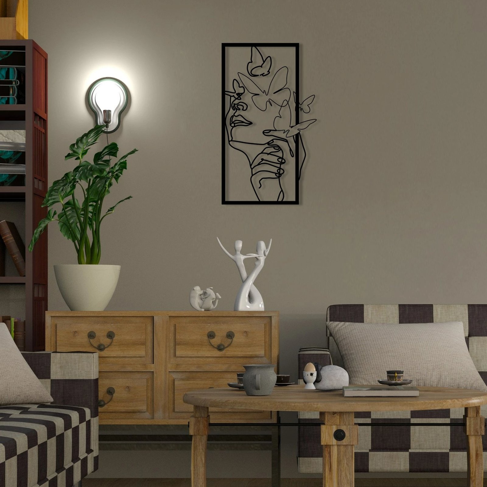 Aksesor dekorativ metalik për mur, fytyrë femre me flutura, Wallity