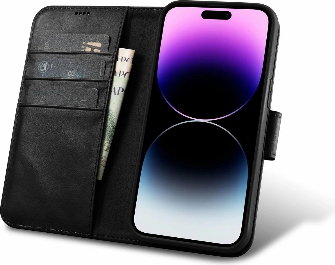 Mbështjellës iCarer Oil Wax Wallet Case 2in1 për iPhone 14 Pro, lëkurë natyrale, Anti-RFID, e zezë