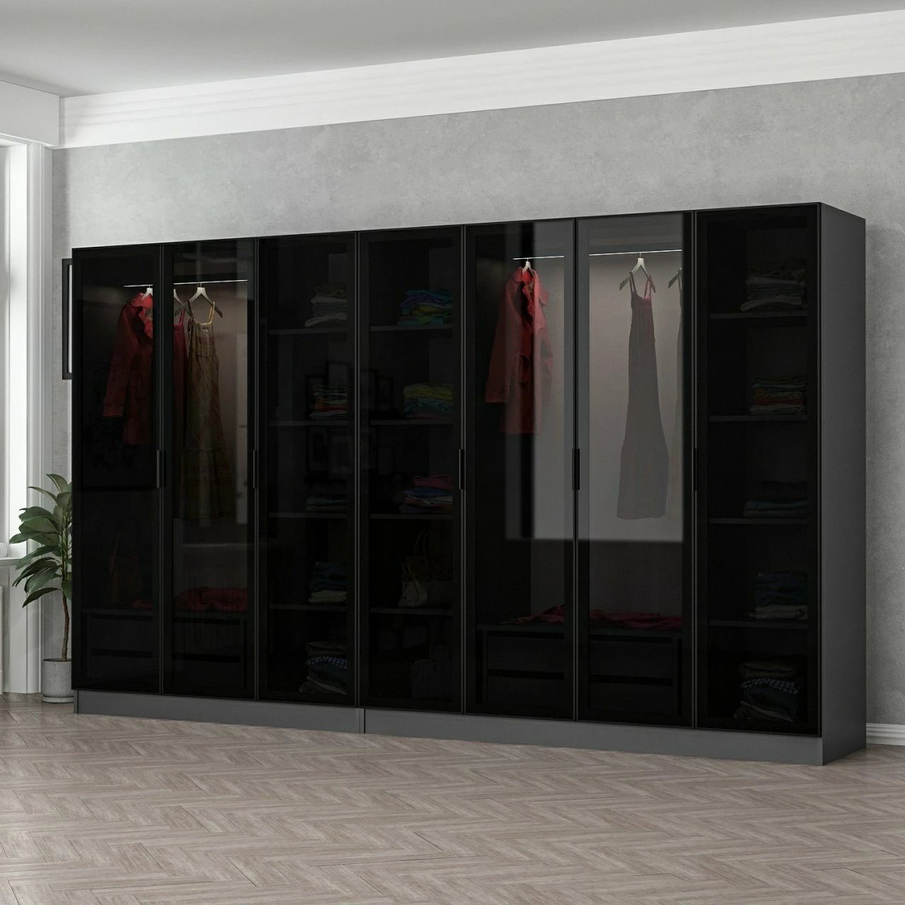 Dollap garderobe Skye Decor, anthracite e zi, 315x190x52cm, 10 pjesë
