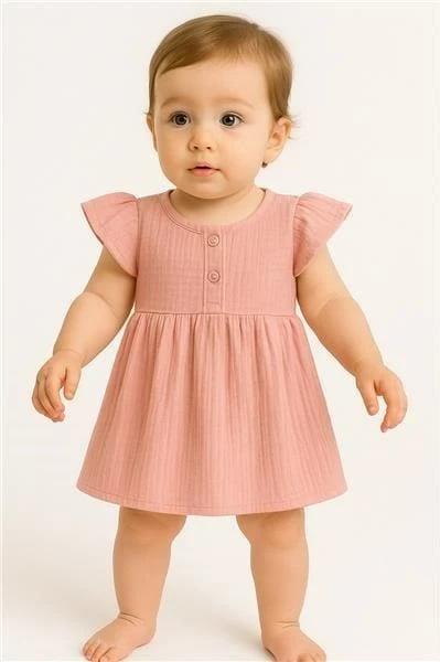 Fustan muslini bebe, New Baby, 100% pambuk, madhësi 74 (6-9m), rozë